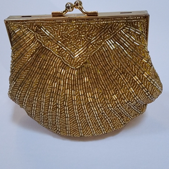 EVENING BAG 1970s HAND BEADED GOLD + CONVERTIBLE SHOULDER SNAKE CHAIN NWOT MINT - Picture 5 of 14